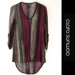 Clara Sun Woo Stripe Top Button Front Blouse Split Back Tunic Wine Size XS New
